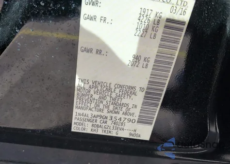 2016 Nissan Altima 2.5 S z USA, uszkodzony, nr VIN 1N4AL3AP9GN354790